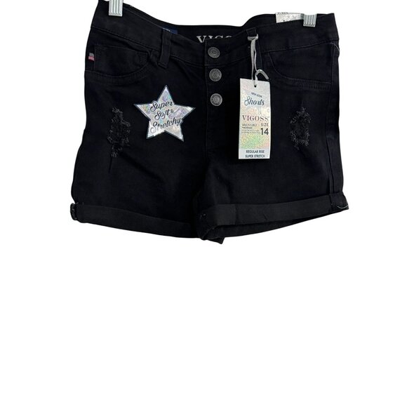 Vigoss Girls Size 14 Black Denim Shorts Super Soft & Stretchy Regular Rise Adjus - Picture 1 of 8